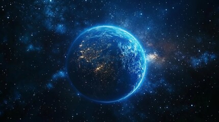 Obraz premium Night Earth from space with city lights and stars: ideal for scientific articles, educational materials about space, and environmental projects.