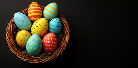 Vibrant hues of Easter eggs brightening a dark backdrop.