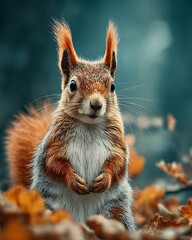 Cute squirrel sitting in autumn forest high resolution image