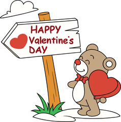 Cute teddy bear holding heart next to happy valentine s day sign