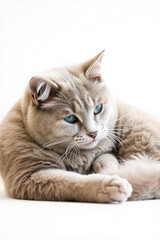 Fototapeta premium A Fluffy Gray Cat Curled Up On A White Background