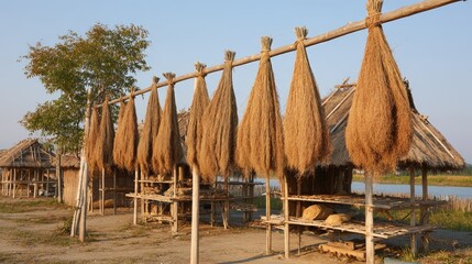 Bundles of Harvested Rice Stalks Drying Under Clear Blue Sky