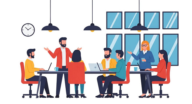 Business Team Collaboration in Office Meeting Illustration Diverse Professionals Discussing Project Ideas