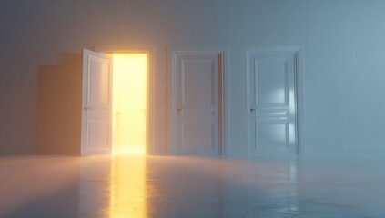 A spacious, minimalist interior with white doors, showcasing a radiant doorway that leads to a luminous space, evoking a sense of hope and possibility.