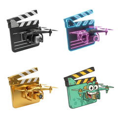 Four variations of a drone attached to a clapperboard, showcasing different styles: classic, neon, gold, and cartoon.