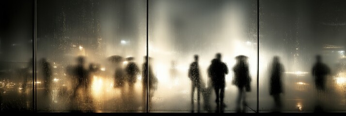 Business silhouettes behind rain-slicked glass wall, streaks of water catching city lights, motion blur blending coats and umbrellas