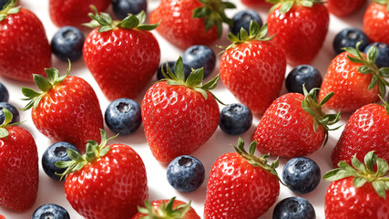 Obraz premium Fresh strawberries and blueberries scattered on white background. Vibrant summer berries close-up. Organic sweet fruit harvest. Healthy food snack. Natural antioxidant rich dessert. Colorful pattern.