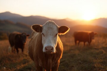Cows grazing peacefully at sunset, capturing serene rural life a