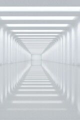 Vast hall with mirrored walls, endless reflections, glowing columns, soft LED lights