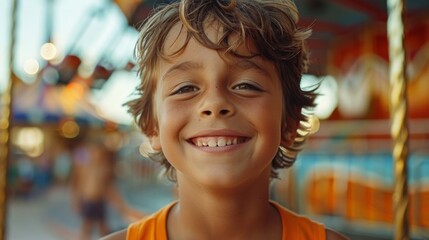 A cheerful boy with curly hair smiles against the backdrop of a blurred event — suitable for topics related to children's happiness, family celebrations,  