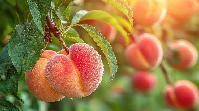 Ripe peaches on a branch with dewdrops, bright morning sun — for culinary blogs and articles about agriculture.