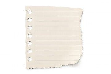 Ripped lined paper note sheet with binder holes, torn scrap page for message, transparent background