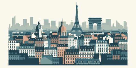 Panoramic View of Paris Cityscape Featuring Iconic Landmarks and Buildings in a Flat Vector Style © Pasko
