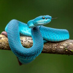Close-up side view of a Blue viper snake (Trimeresurus insularis) on a branch attacking.