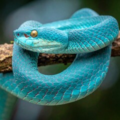 Close-up side view of a Blue viper snake (Trimeresurus insularis) on a branch attacking.