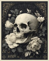 Gothic skull artwork with flowers high resolution image