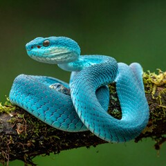 Close-up side view of a Blue viper snake (Trimeresurus insularis) on a branch attacking.