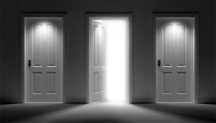 Obraz premium Three doorways, one illuminated path, creating a sense of choice and possibility in a dimly lit room.
