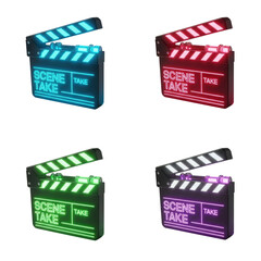 Four clapperboards in different neon colors: blue, red, green, and purple, isolated on a white background.