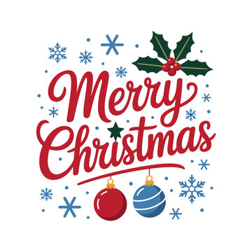 Merry christmas festive typography design with ornaments and snowflakes