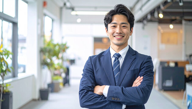 紺スーツで腕組みして笑顔を見せる日本人男性会社員 &ndash; Young Japanese Businessman in Navy Suit Smiling with Arms Crossed on Light Blue Background