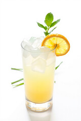 A Glass Of Lemonade With Ice On A White Background