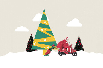Full 3d art pop image collage of two happy old man santa claus young girl elf winter present delivery moped xmas occasion event