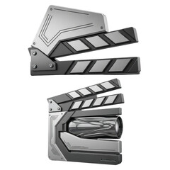 Two futuristic clapperboards, one open and one closed, showcasing a modern design with metallic accents.