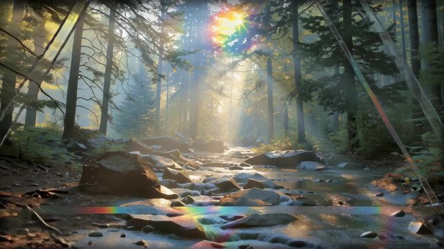 Holographic Triangle Split Revealing Mystical Forest with Rainbow Overlays and Elegant Light Reflections in Nature