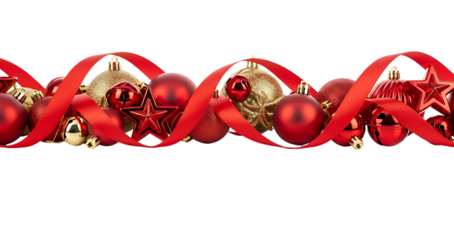 Elegant christmas border isolated on transparent background featuring red and gold ornaments intertwined with red ribbon, creating a festive and luxurious holiday decoration for banners and cards