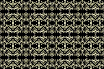 Seamless ornamental damask floral pattern in baroque vintage style with elegant cream motifs on black background, perfect for wallpaper, fabric, textile, and luxury decorative design.