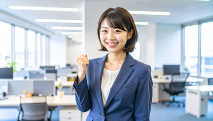 Obraz premium ガッツポーズをする笑顔の日本人女性会社員 – Japanese Teen Businesswoman in Navy Suit Smiling with Fist Pump Pose