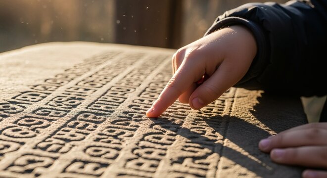 Nostalgic photorealistic close-up of a child tracing indigenous script carved on a stone tablet. Cultural preservation concept