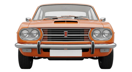 Isolated orange vintage 1970s automobile front end, a classic car for collector or restoration