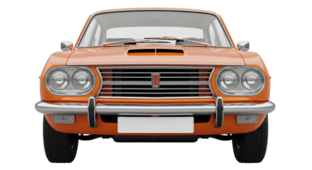 Isolated orange vintage 1970s automobile front end, a classic car for collector or restoration