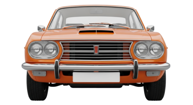 Isolated orange vintage 1970s automobile front end, a classic car for collector or restoration