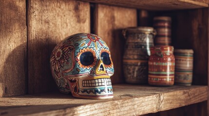Colorful ceramic sugar skull on rustic shelf with decorative jars