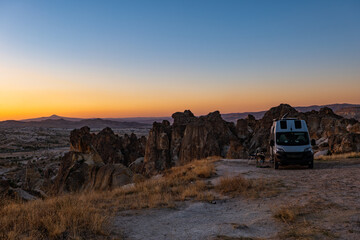 Camping scene in cappadocia at sunset