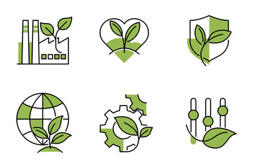 Ecology and green strategy icons in thin line with green elements