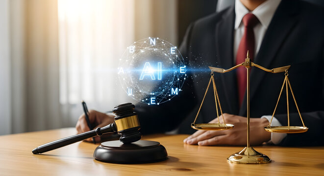 Legal professional integrating artificial intelligence for modern justice, symbolizing the transformative power of AI in law and business, enhancing efficiency and decision-making - Powered by Adobe