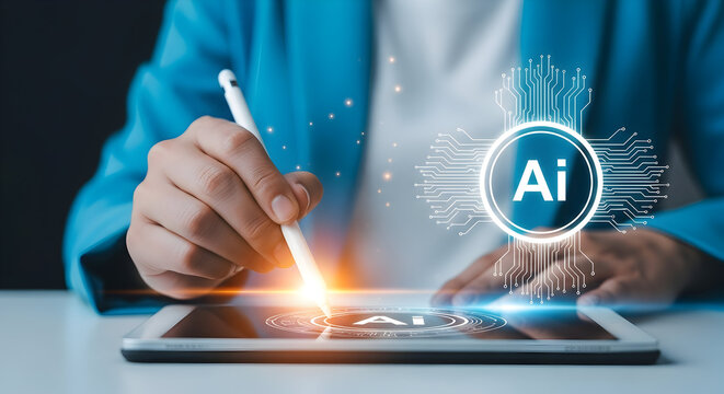 Human interaction with a digital tablet visualizing the power of artificial intelligence, showcasing future technology innovation and advanced data solutions in business transformation - Powered by Adobe