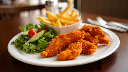 Fototapeta premium Crispy fried chicken tenders meal with golden french fries and fresh green salad