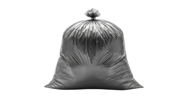 Isolated full black plastic garbage bag tied shut ready for disposal, domestic waste