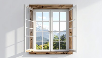 Open window reveals a stunning mountain landscape featuring snow-capped peaks, verdant forests, and a clear blue sky, capturing a serene and natural atmosphere with white wooden frames.