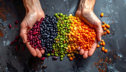 Hands holding a rainbow of colorful beans and lentils.