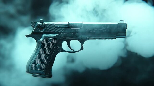 Pistol in a cloud of smoke, a weapon for self-defense or attack.