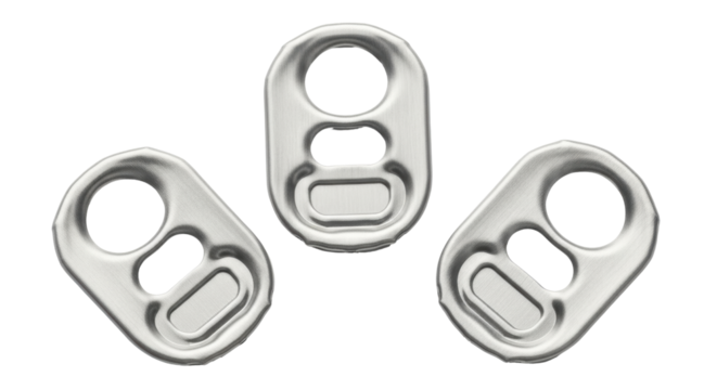 Isolated Soda Can Tabs, Group of Three, Silver Colored Metal for Recycling, Conservation