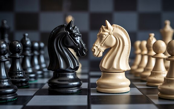 Close up of opposing chess knights on a checkered game board