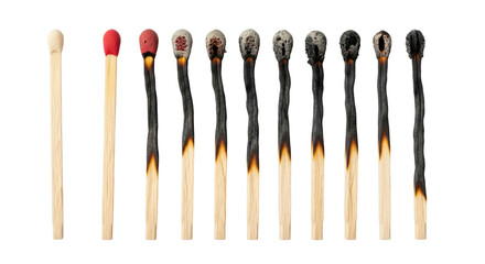 Isolated set of matches in different stages of burning showing decay and destruction