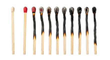 Isolated set of matches in different stages of burning showing decay and destruction